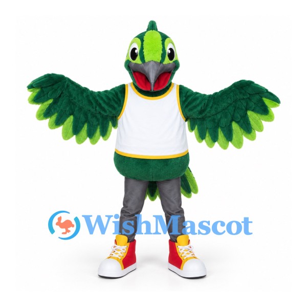 Parrot Mascot Costume in Green with White Sports Shirt
