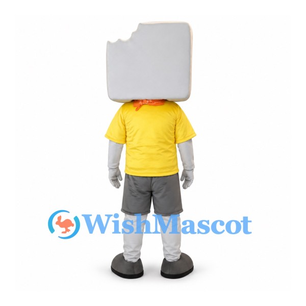 Block Character Mascot Costume with Yellow Shirt and Gray Shorts