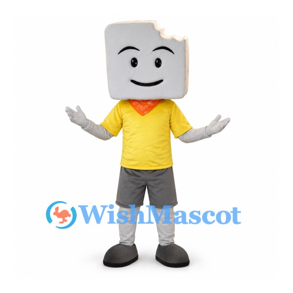 Block Character Mascot Costume with Yellow Shirt and Gray Shorts