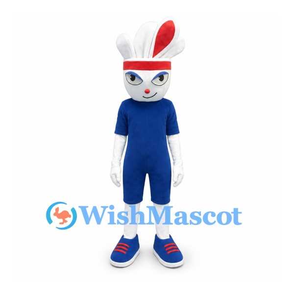 Rabbit Mascot Costume with Blue Tennis Outfit and Red Headband