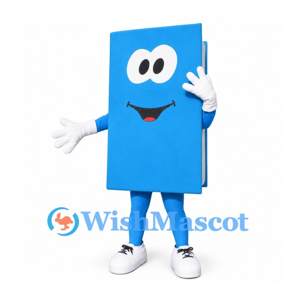 Book Mascot Costume in Blue with Large Eyes and White Gloves