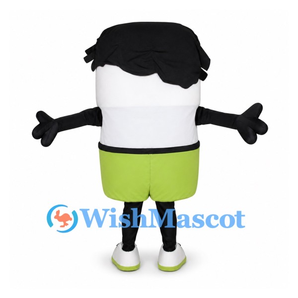 Cylinder Character Mascot Costume with Black Hair and Green Shorts