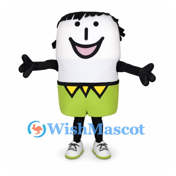 Cylinder Character Mascot Costume with Black Hair and Green Shorts