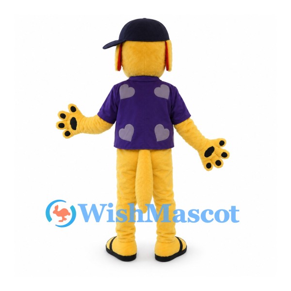 Dog Mascot Costume with Purple Shirt and Black Baseball Cap