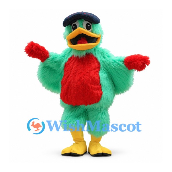 Duck Mascot Costume in Green with Red Belly and Black Cap
