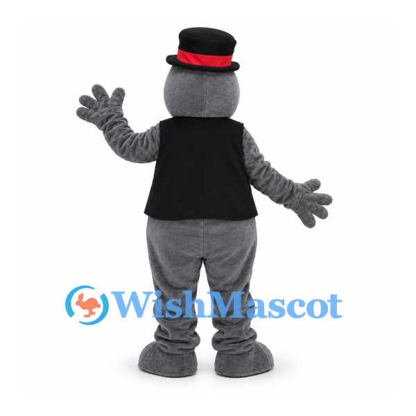 Hippo Mascot Costume in Gray with Black Vest and Top Hat