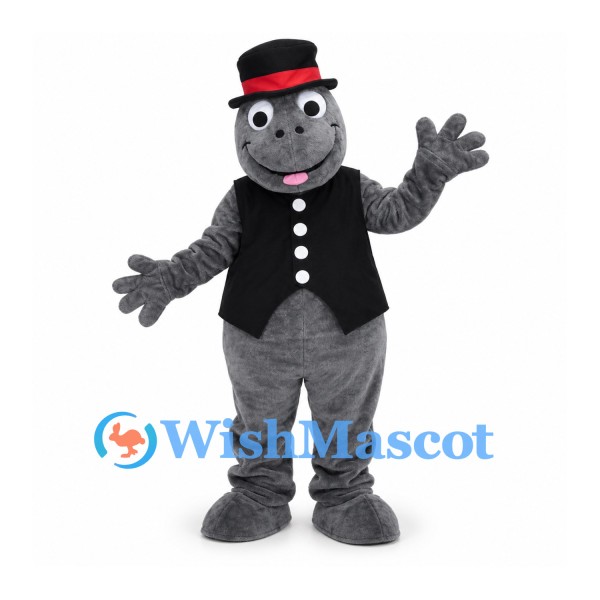 Hippo Mascot Costume in Gray with Black Vest and Top Hat