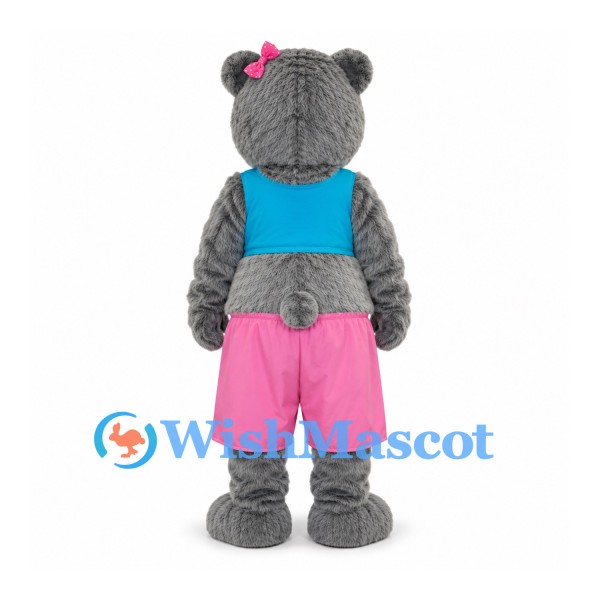 Bear Mascot Costume in Gray with Blue Top and Pink Shorts