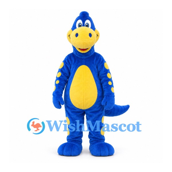 Dinosaur Mascot Costume in Blue with Yellow Belly and Spots