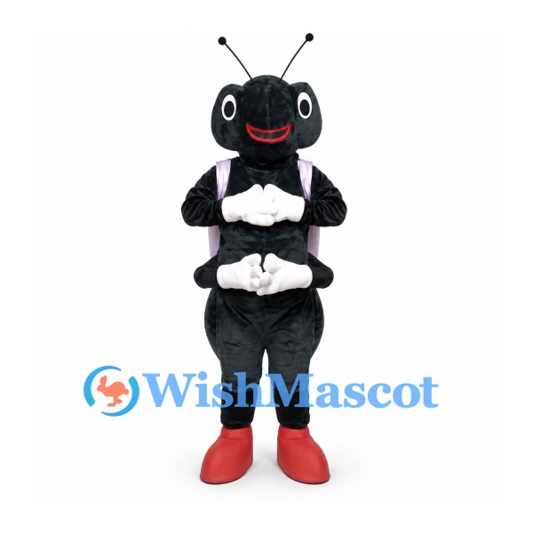 Ant Mascot Costume in Black with White Gloves and Red Shoes