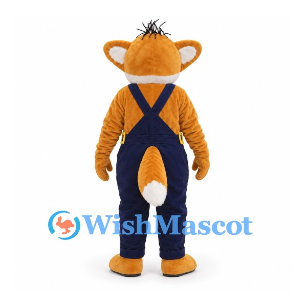 Fox Mascot Costume with Navy Overalls and White Tail Tip