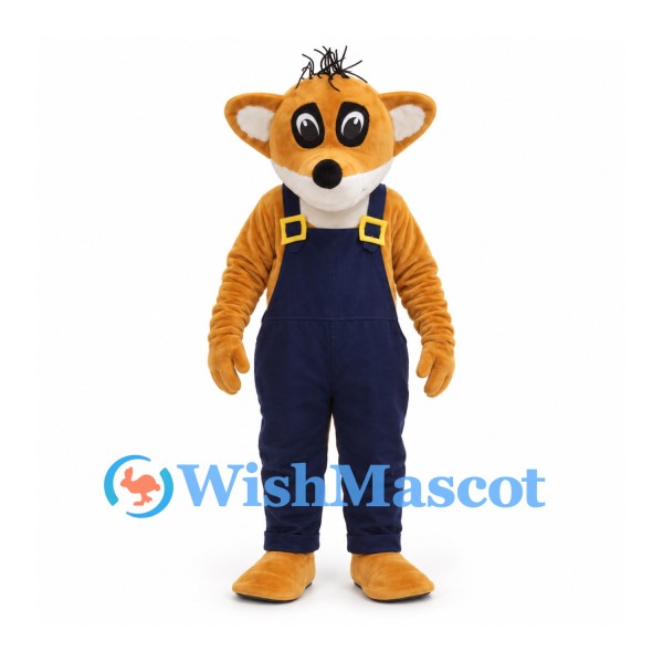 Fox Mascot Costume with Navy Overalls and White Tail Tip