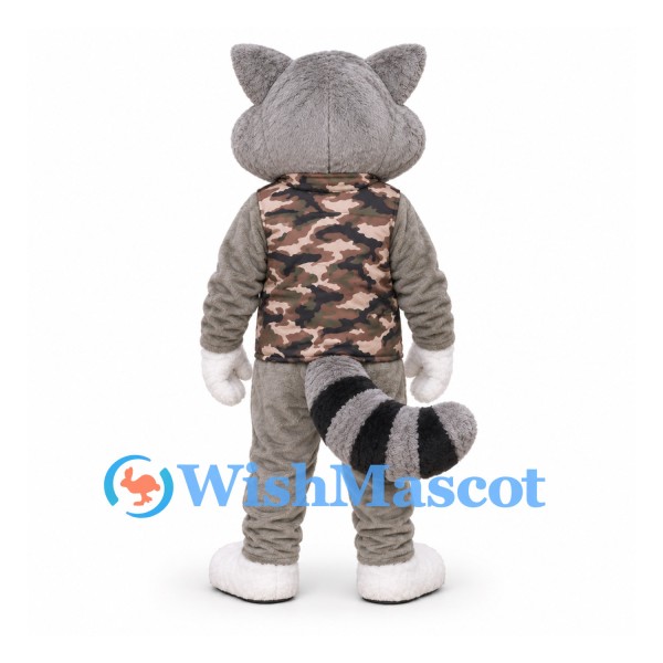 Raccoon Mascot Costume in Gray with Camouflage Vest