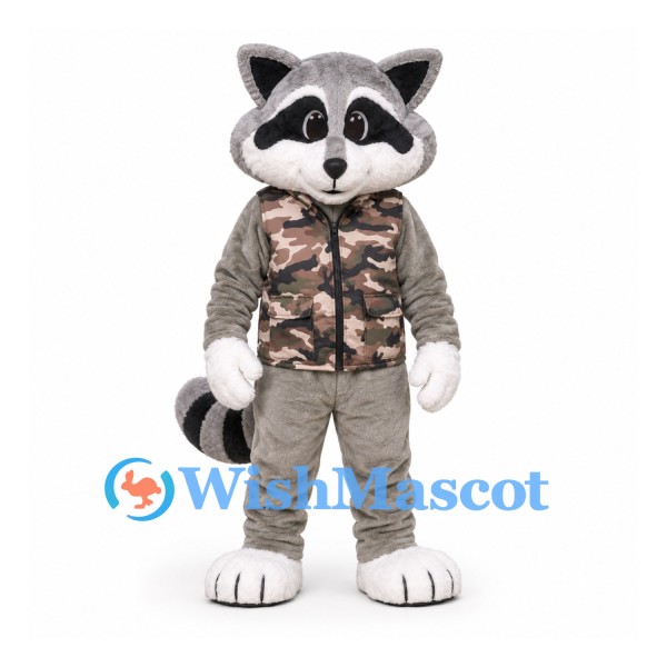 Raccoon Mascot Costume in Gray with Camouflage Vest
