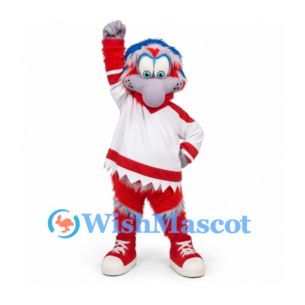 Bird Mascot Costume with Blue Hair and White Red Sports Uniform