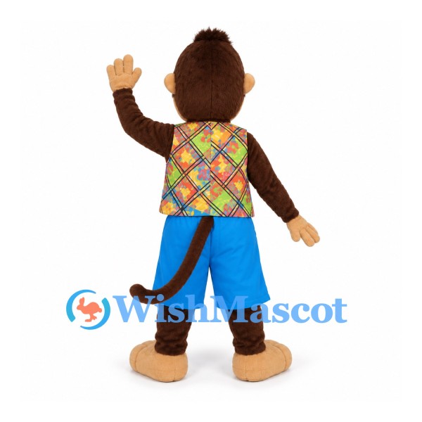 Monkey Mascot Costume with Colorful Checkered Vest and Blue Shorts