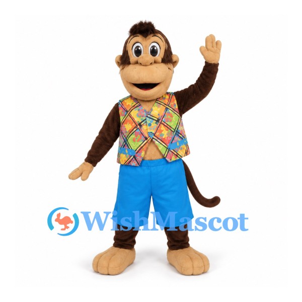 Monkey Mascot Costume with Colorful Checkered Vest and Blue Shorts