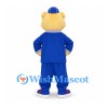 Bear Mascot Costume with Blue Work Uniform and Cap
