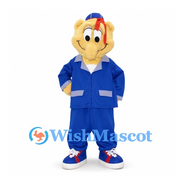 Bear Mascot Costume with Blue Work Uniform and Cap