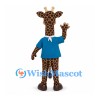 Giraffe Mascot Costume with Blue Shirt and White Neck Scarf