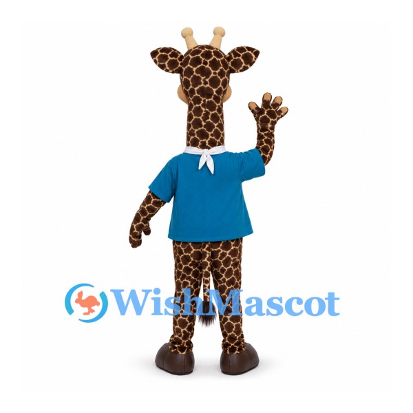 Giraffe Mascot Costume with Blue Shirt and White Neck Scarf