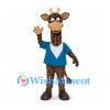Giraffe Mascot Costume with Blue Shirt and White Neck Scarf