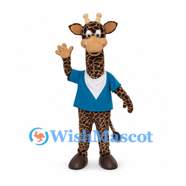 Giraffe Mascot Costume with Blue Shirt and White Neck Scarf