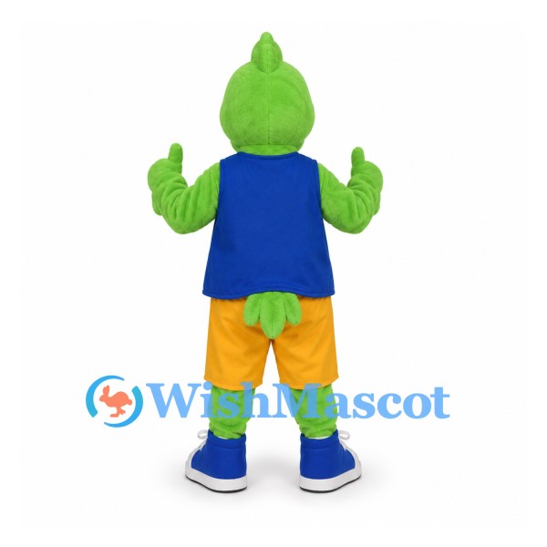 Parrot Mascot Costume in Green with Blue Shirt and Yellow Shorts