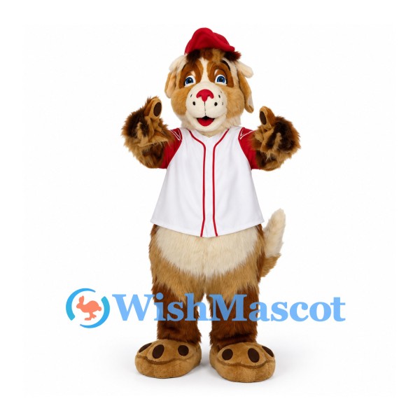 Dog Mascot Costume with Red Cap and White Baseball Jersey