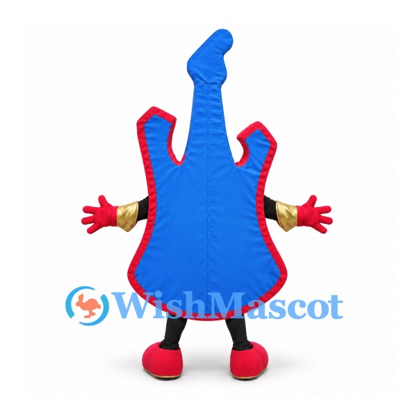 Electric Guitar Mascot Costume in Blue with Red Trim and Crown Detail