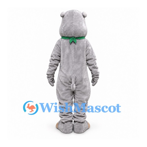 Hippo Mascot Costume in Gray with Green Neck Scarf