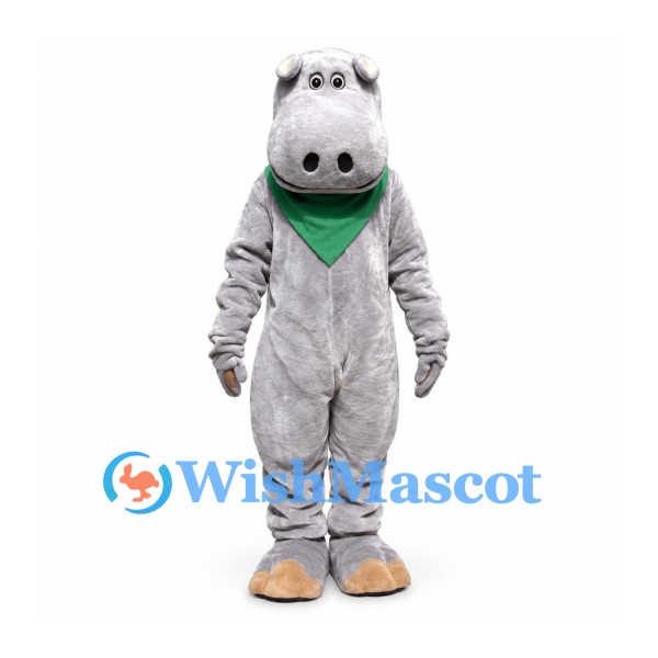 Hippo Mascot Costume in Gray with Green Neck Scarf