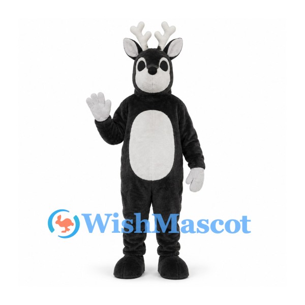 Reindeer Mascot Costume in Black with White Antlers and Belly