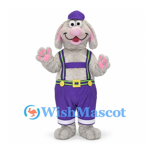 Rabbit Mascot Costume with Purple Pants and Striped Suspenders