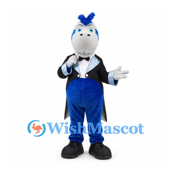 Horse Mascot Costume with Blue Mane and Black Tuxedo Tailcoat