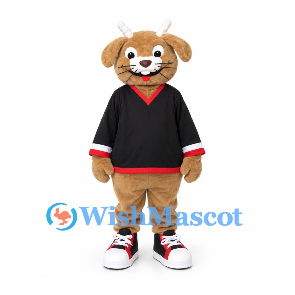 Dog Mascot Costume with Black Sports Shirt and Tan Pants