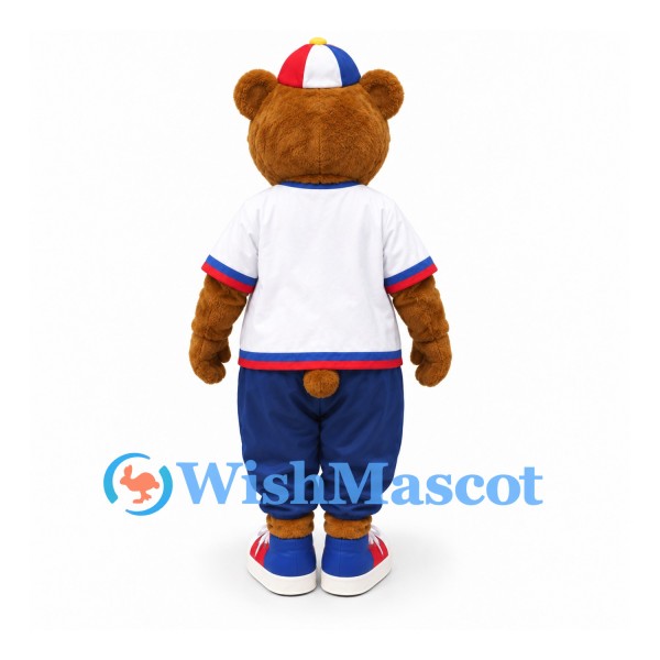 Bear Mascot Costume with White Sports Shirt and Blue Shorts