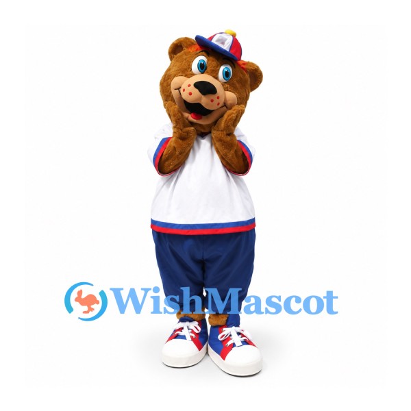 Bear Mascot Costume with White Sports Shirt and Blue Shorts