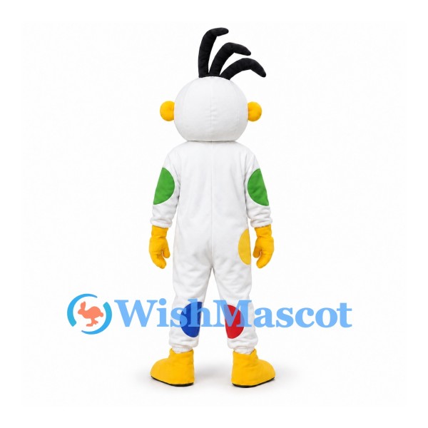 Clown Mascot Costume with White Polka Dot Suit and Black Hair