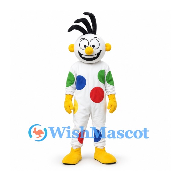 Clown Mascot Costume with White Polka Dot Suit and Black Hair