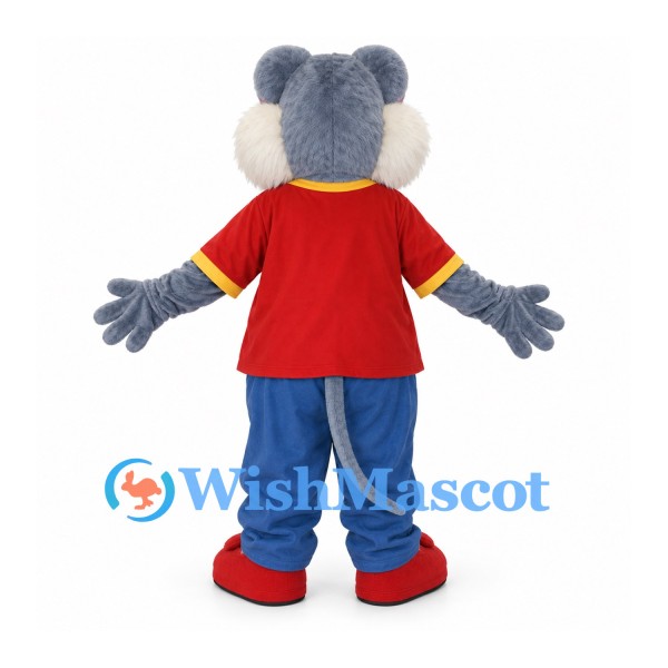 Cat Mascot Costume in Blue Gray with Red Shirt and Blue Pants