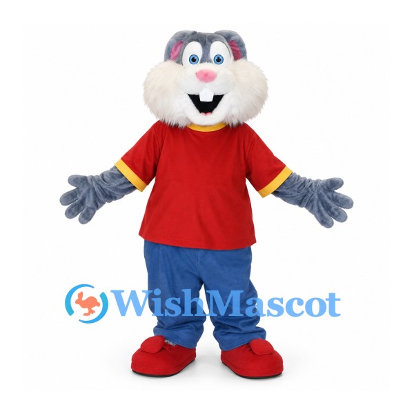 Cat Mascot Costume in Blue Gray with Red Shirt and Blue Pants