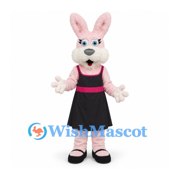 Rabbit Mascot Costume in Pink with Black Dress and Pink Belt