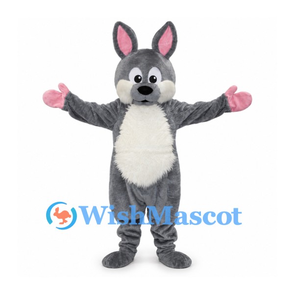Rabbit Mascot Costume in Gray with White Belly and Pink Gloves