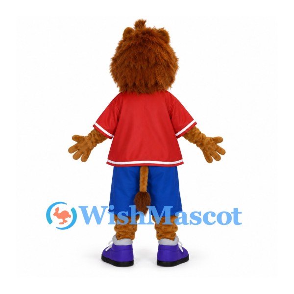 Lion Mascot Costume with Red Sports Shirt and Blue Shorts