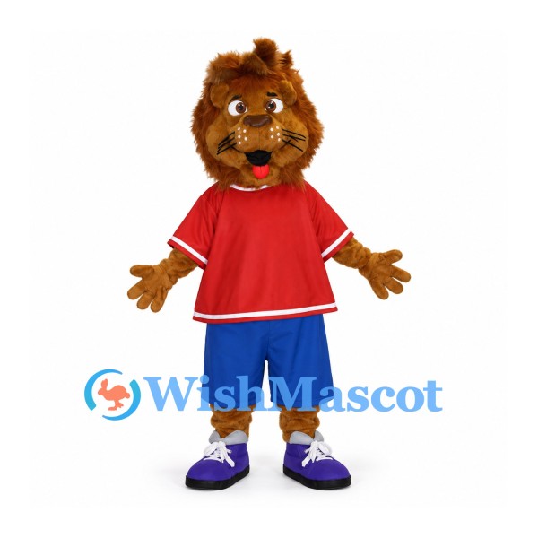 Lion Mascot Costume with Red Sports Shirt and Blue Shorts