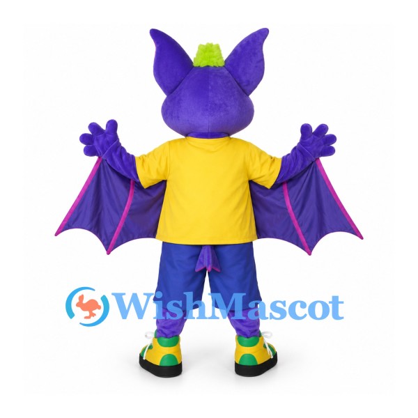 Bat Mascot Costume in Purple with Yellow Shirt and Blue Shorts