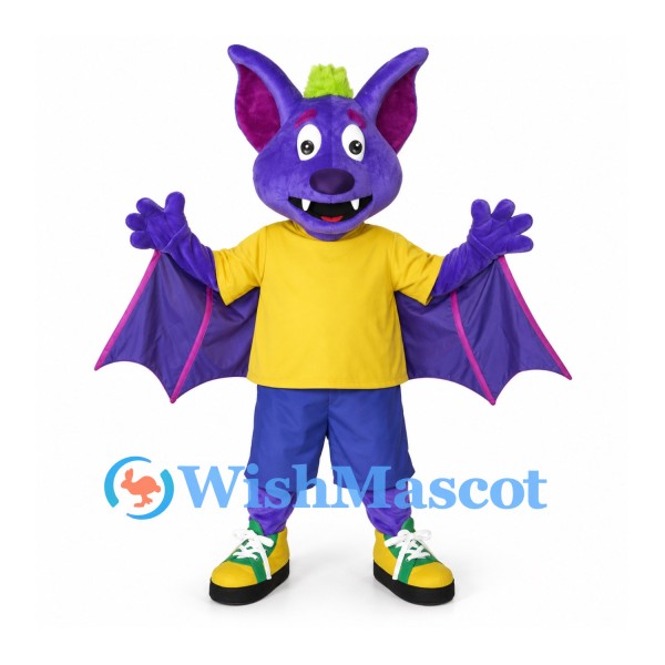 Bat Mascot Costume in Purple with Yellow Shirt and Blue Shorts
