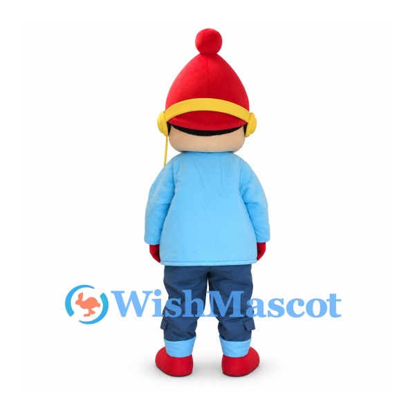 Boy Mascot Costume with Red Knit Hat and Light Blue Jacket