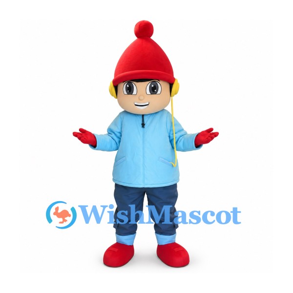 Boy Mascot Costume with Red Knit Hat and Light Blue Jacket